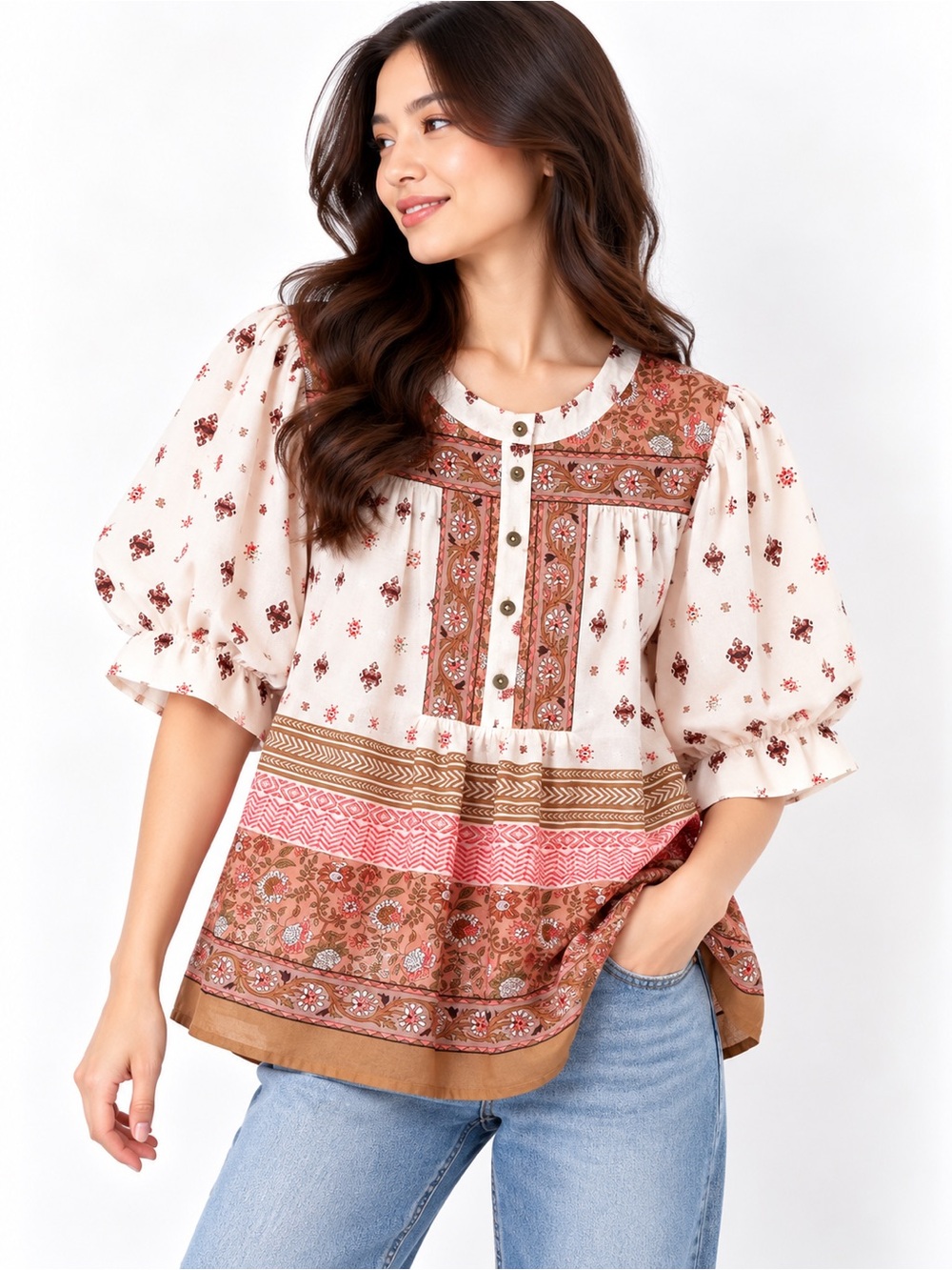Easel Cream and Rust Floral Boho Button-Front Tunic
